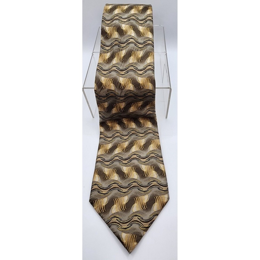 Keith Daniels Men's 100% Silk Tie Gray Gold Black Abstract Wave 4" Wide